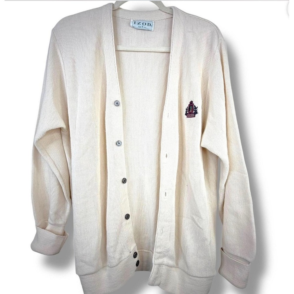 Vintage IZOD Cream Embroidered Grandpa Button Slouchy Oversized Cardigan Medium‎